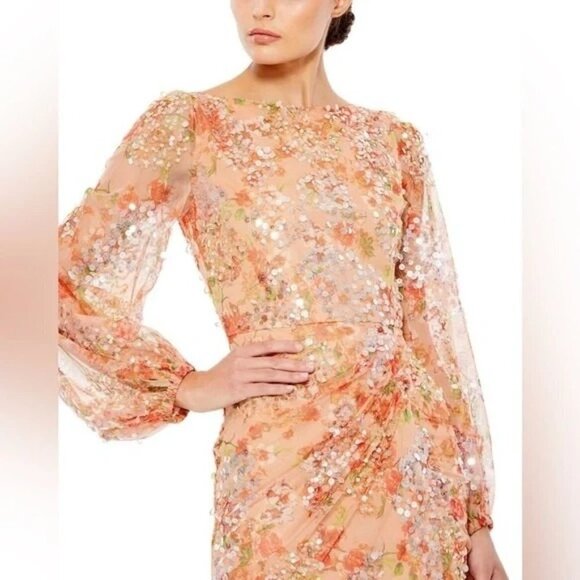 MAC DUGGAL Floral Sequin Long Sleeve Gown Dress in Apricot Size 12 NWT 93547 - Picture 2 of 8